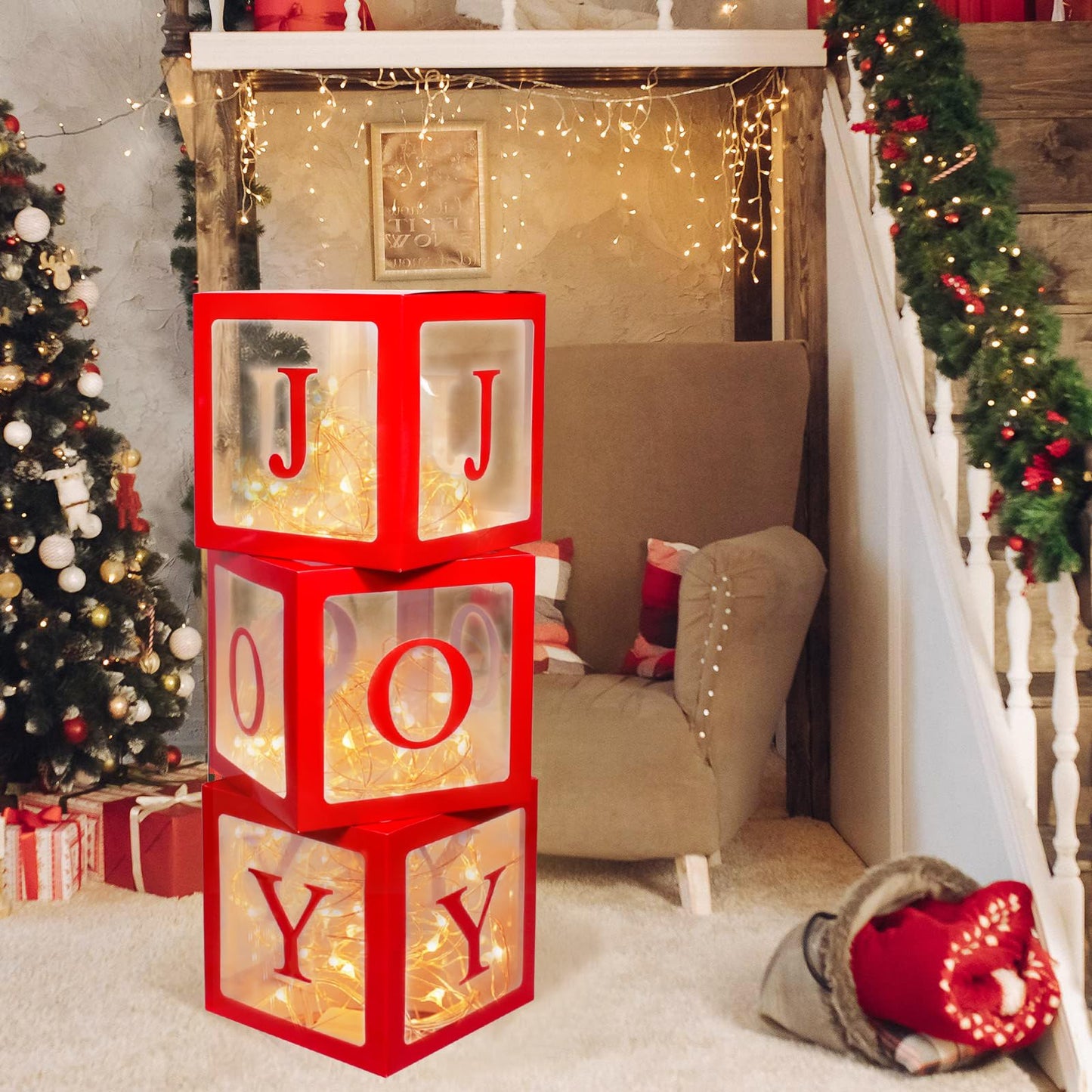 Christmas Decorations Large Red Transparent Light Box, Holiday Party Home Fireplace Decor