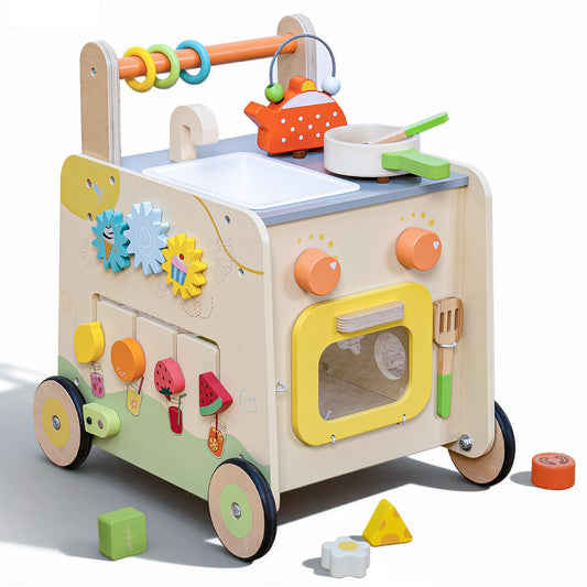 Wooden Baby Walker 3-in-1 Push Toy for Toddlers, Montessori Sensory Activity Center with Pretend Kitchen, Adjustable Speed Learning Walker, Safe Wooden Toy, Ideal Gift for Boys and Girls