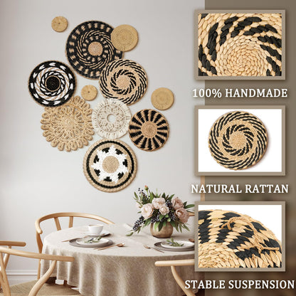 Tatuo 11 Pcs Boho Wall Basket Decor Bulrush Woven Wall Hanging Art Round Farmhouse Rustic Handmade Wicker for Summer Home, Bedroom, Living Room, Kitchen Decorations, Multi Sizes(Boho)