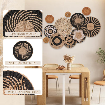 Boho Wall Basket Decor Set of 11 - Hanging Woven Bulrush Basket Wall Decor, Handcrafted Round Flat Baskets Wall Art, for Rustic Farmhouse、Home - Unique Rattan Wicker Wall Decor（Black Retro）