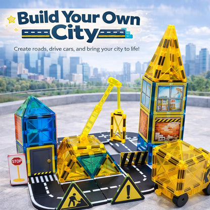LATI Construction Magnetic Tiles City Set for Kids, Double-Sided Day & Night Building Blocks with Crane, Roads, Traffic Signs & Construction Vehicles, STEM Learning Toy for Boys & Girls Ages 3+