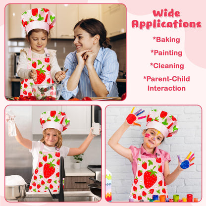 R HORSE Kid Apron and Chef Hat Set - 2Pcs Strawberry Adjustable Children Kitchen Toddler Apron for Girls Role Play Chef Toy Cooking Gift Birthday Gift for Kids Cooking Baking Painting and Training