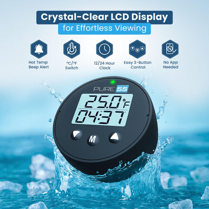 Pure55 PlungeGauge 3-in-1 Cold Plunge Thermometer with Clock & Timer - Ice Bath Water Thermometer with Easy 3-Button Control - Floating Design & IPX7 Waterproof with Audible Beep & LED Indicators