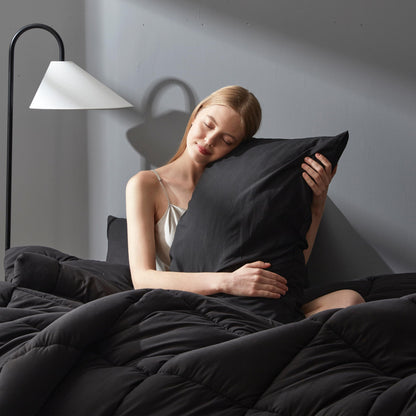 DOWNCOOL Queen Comforter Set -All Season Queen Bed Set with 2 Pillow Cases-3 Pieces Bedding Sets Queen -Down Alternative Black Queen Size Comforter Sets(88"x92")
