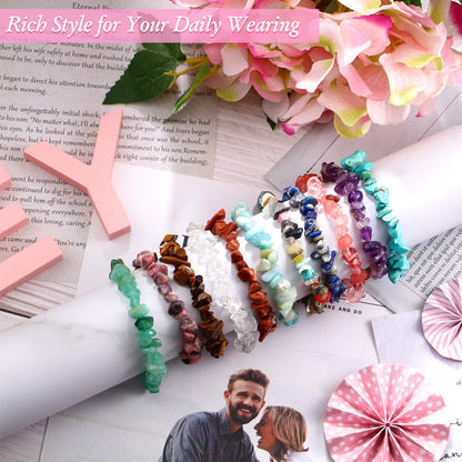 Hicarer 20 Pieces Crystal Stretch Chip Bracelets Bulk Natural Gemstone Chakra Bracelets for Women Reiki Yoga Anxiety(Classic Style)