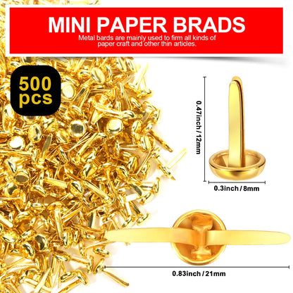 HNYYZL 500PCS Brads for Paper Crafts, Mini Gold Paper Fasteners,Mini Brass Fasteners,Brads Paper Fasteners,Mini Brads Round Head 8mm Paper Fasteners for Paper Crafts (0.3 x 0.6 Inch)