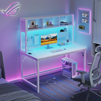 White Gaming Desk with Hutch and Pegboard - Computer Desk with Hutch, Power Outlet, 47 Inch Art Desk with Storage, Hooks, RGB and Side Bag, Writing Modern Study Teen Desks for Girl Bedroom Home Office