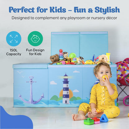 Rossoff Extra Large Collapsible Sturdy Toy Storage Organizer with Lids, Ocean Theme Toy Box for Boys & Girls, 40"x16"x16", Modern, Blue