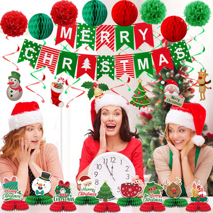 KUANINUNAR Merry Christmas Party Decoration Banner Set Paper Fan Flower Xmas Bunting ,Swirls Streamers Christmas Tree Xmas Stocking Santa Table Decorations