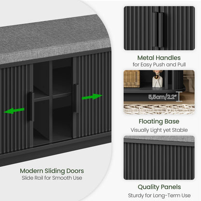 CHOEZON Shoe Storage Bench, Entryway Bench with Storage, Shoe Bench with Cushion and Sliding Door, Fluted Storage Bench, Entry Bench for Entryway, Hallway, Living Room, Bedroom, Black and Gray MHX02BB