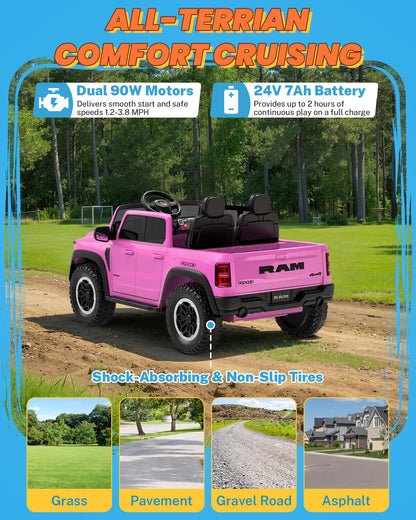 ENYOPRO 24 Volt Ride on Toys for Girls, Licensed RAM 1500 RHO 2 Seater Electric Car w/Remote Control, Kids Electric Vehicles w/Working Truck Tailgate, Suspension, Music, LED Lights (Pink - High Door)