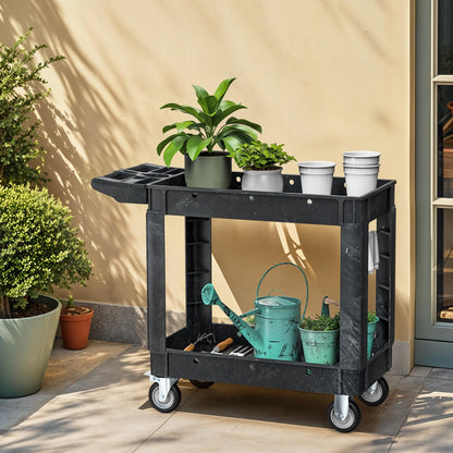 DWVO Utility Cart, 1000 lbs Capacity, 2 Shelf Heavy Duty Plastic Service Utility Cart on Wheels, Rolling Storage Work Carts Suitable for Warehouse, Garage, School & Office, Cleaning, Black