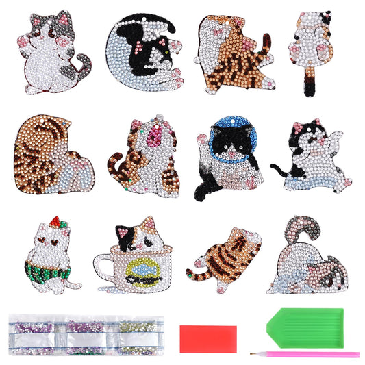12 PCS Diamond Painting Magnets Kits Cat Fridge Magnet Refrigerator Stickers Diamond Art Painting Gem Keychains Painting kit for Beginners Adult DIY Art Craft Gift Home Decor