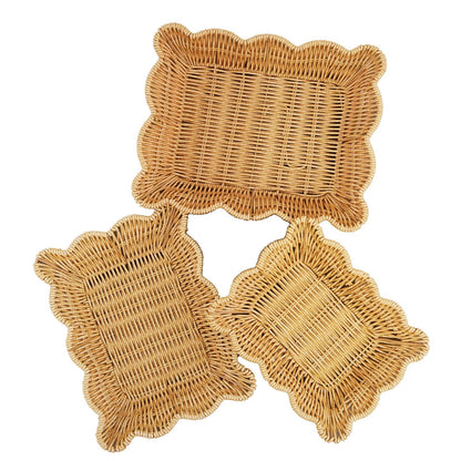 3-Pack Wave Shaped Woven Dining Basket Set - Imitation Rattan Picnic Fruit Baskets & Table Trays for Family Gatherings, Outdoor Camping, and Housewarming Gifts