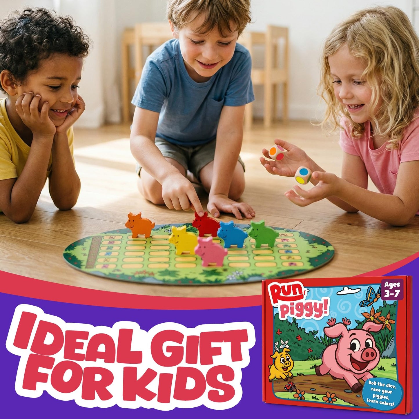 SkilLify Run Piggy Cooperative Board Game, Adorable Family Dice Game for Kids Ages 3-7, Color Matching Board Game, Preschool Learning Toy, 2-6 Players