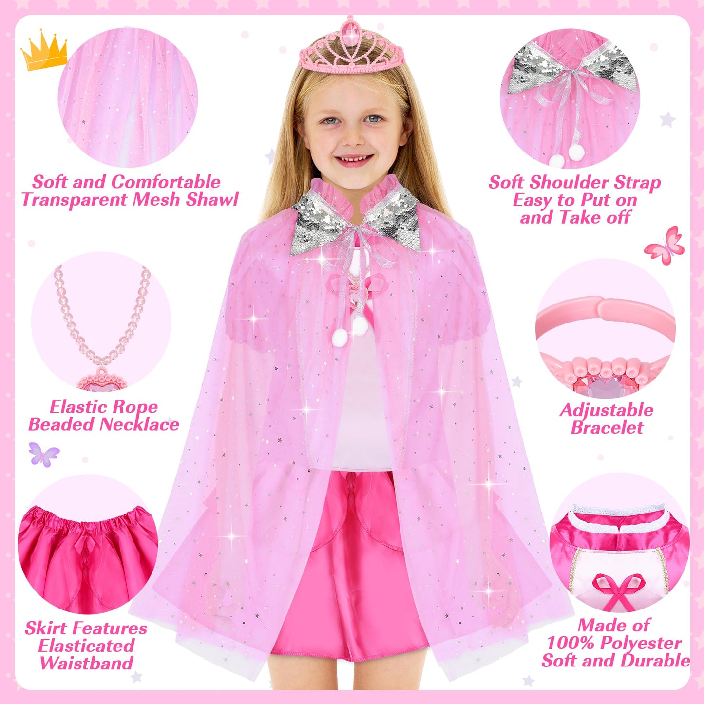 16 Pcs Princess Dress Up Clothes for Little Girl Role Play Costume Gift Set, Princess Mermaid Pretent Play Outfit Toys for Toddler Girls, Cosplay Birthday Party Gifts for Girls Age 3 4 5 6 7+ Year Old