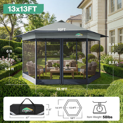 COBIZI 13x13 Pop up Gazebo, Hexagonal Outdoor Canopy Tent with Mosquito Netting, Portable 6-Sided Gazebo Tent, Waterproof, UV Resistant Height for Backyard, Gardens, Patio（Dark Gray）