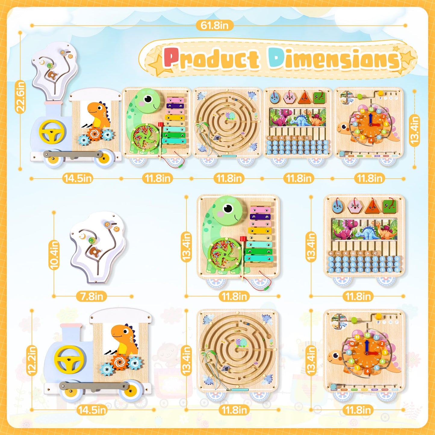 QIESIDM Train Activity Wall Busy Board,Wooden Montessori Sensory Toys,15-in-1 Sensory Wall Panel for Kids, Toddler Educational Toys for Playroom,Preschool,Daycare,Nursery,Classroom