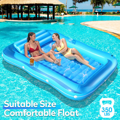 Junbig Inflatable Tanning Pool for 2 Person, 81''x 60'' Tanning Pool Lounger Float with Pillow, Thicken Sutan Tanning Bed Pool Floats Adult w/2 Cup Holders, Water Tanning Pools for Backyard Lake Party