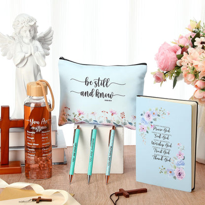 Resholder 6 Pcs Christian Gifts Set for Women Glass Bottle, Makeup Bag, Ballpoint Pens, Religious Scripture Notebook Inspirational Gifts for Sunday School Church(Blue)