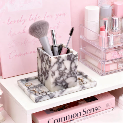 Artisanal Abode Marble Pen Holder, White Stone Rectangular Desktop Organizer, Office Study Makeup Brush Storage, Home Desk Decor, Minimalist Design, Durable Marble Accessory