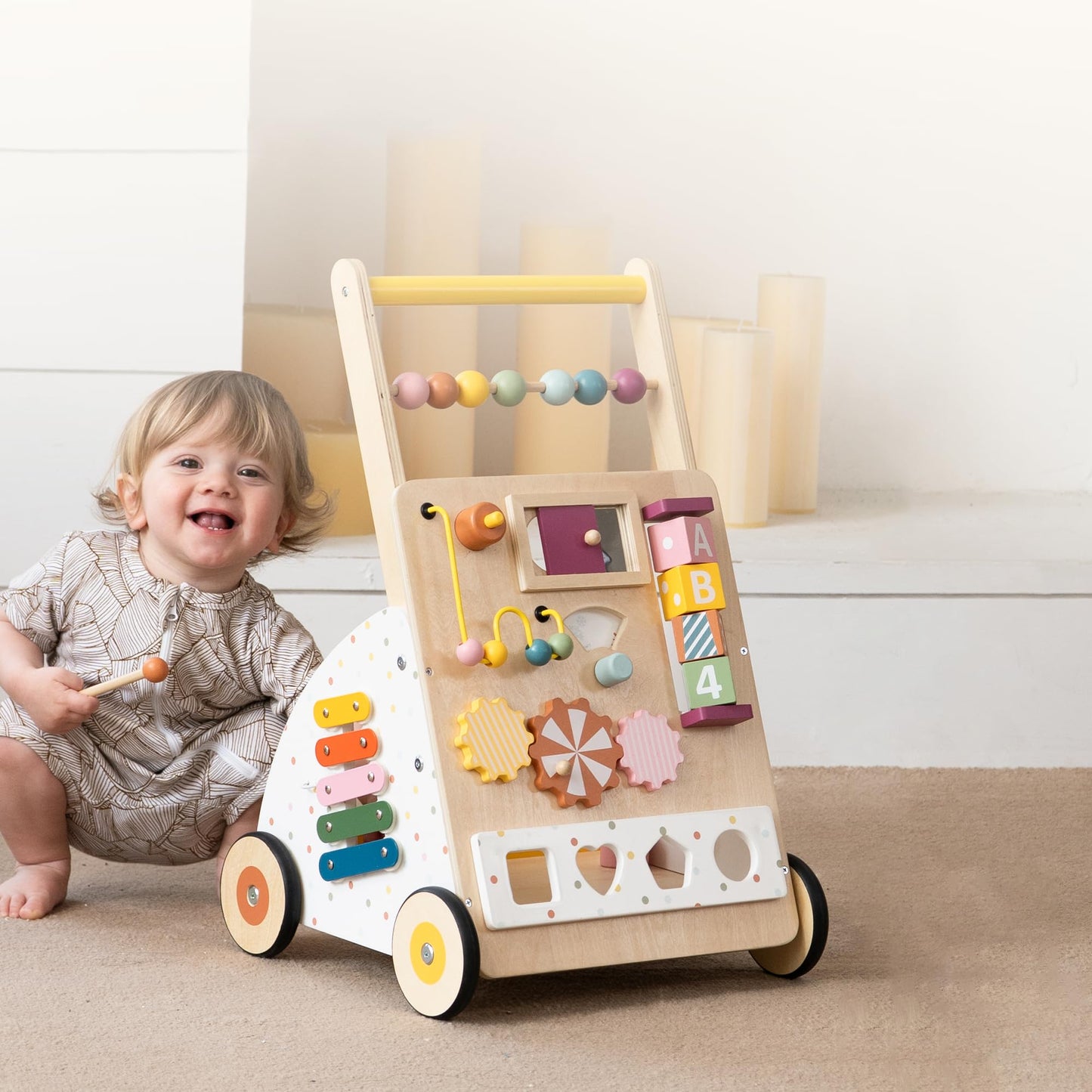 Wooden Baby Walker with Activity Center – Montessori Push Walker Toys for Boys & Girls 18 Months+ – Educational Toddler Learning Walker with 10-in-1 Sensory Games