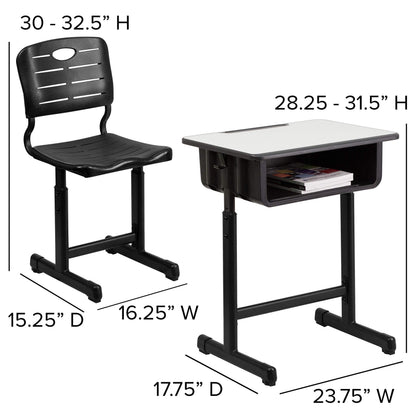 Flash Furniture Adjustable Student Desk and Chair Set for Classrooms or Remote Learning, Adjustable School Desk with Chair and Book Box, Gray/Black