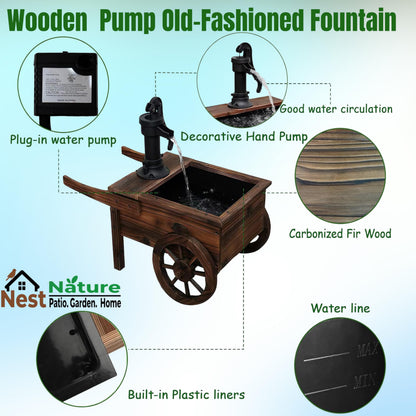 NestNature Outdoor Water Fountain,Wooden Wagon Wheel Pump Old-Fashioned Fountain,Electric Decorative Hand Pump, Outdoor Water Feature for Patio, Garden & Indoor Decoration