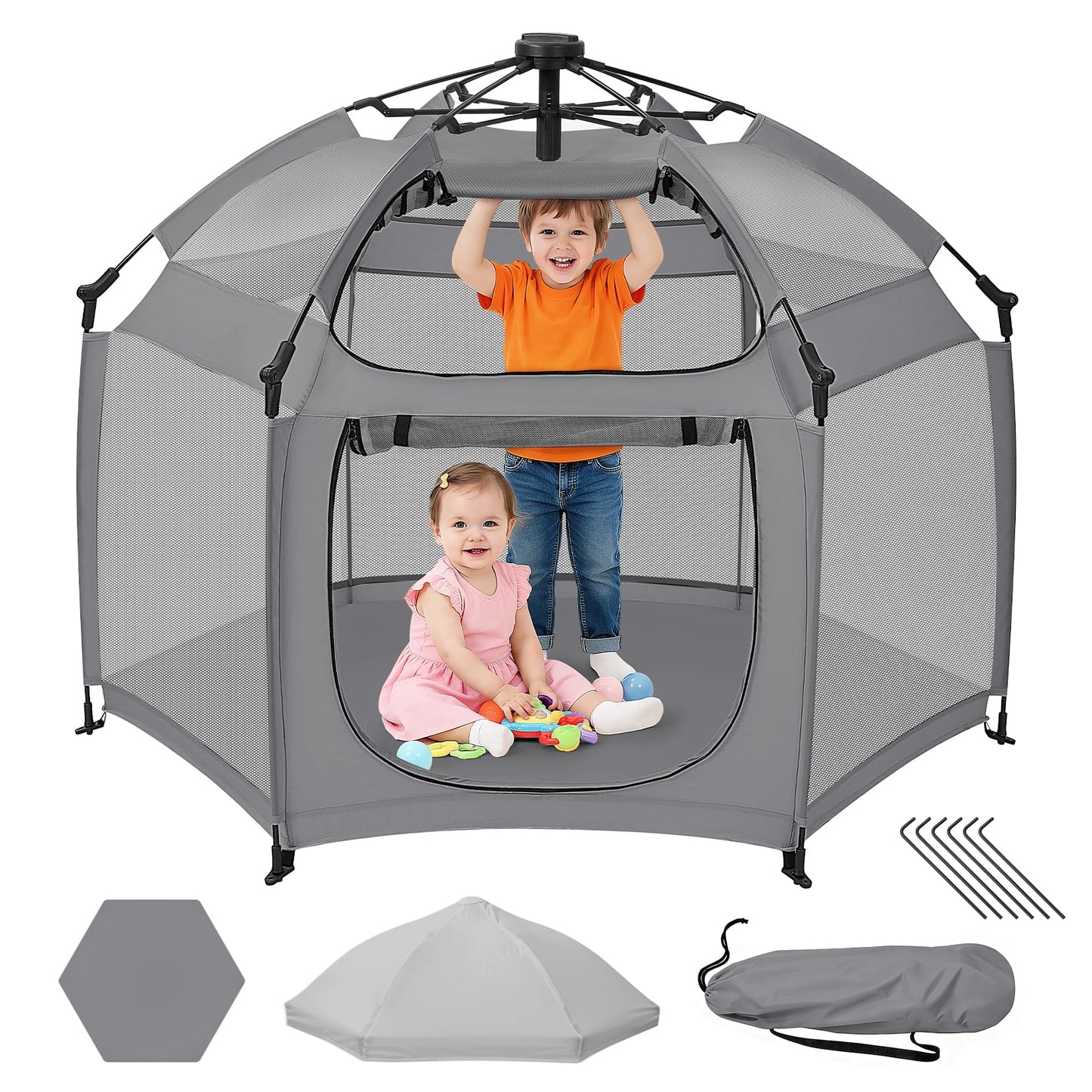 Dripex Pop Up Playpen for Babies and Toddlers with Built-in Pad & One-Click Safe Lock,Foldable Indoor/Outdoor Playpen with Roll-Up Door &Top Mesh Window, Portable Travel Play Pen &Baby Beach Tent,Grey