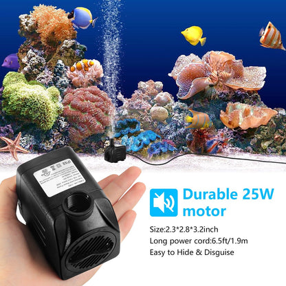 CWKJ Fountain Pump, 400GPH Submersible , Durable 25W Outdoor Water Pump with 6.5ft Power Cord, 3 Nozzles for Aquarium, Pond, Fish Tank, Water Pump Hydroponics, Backyard Fountain