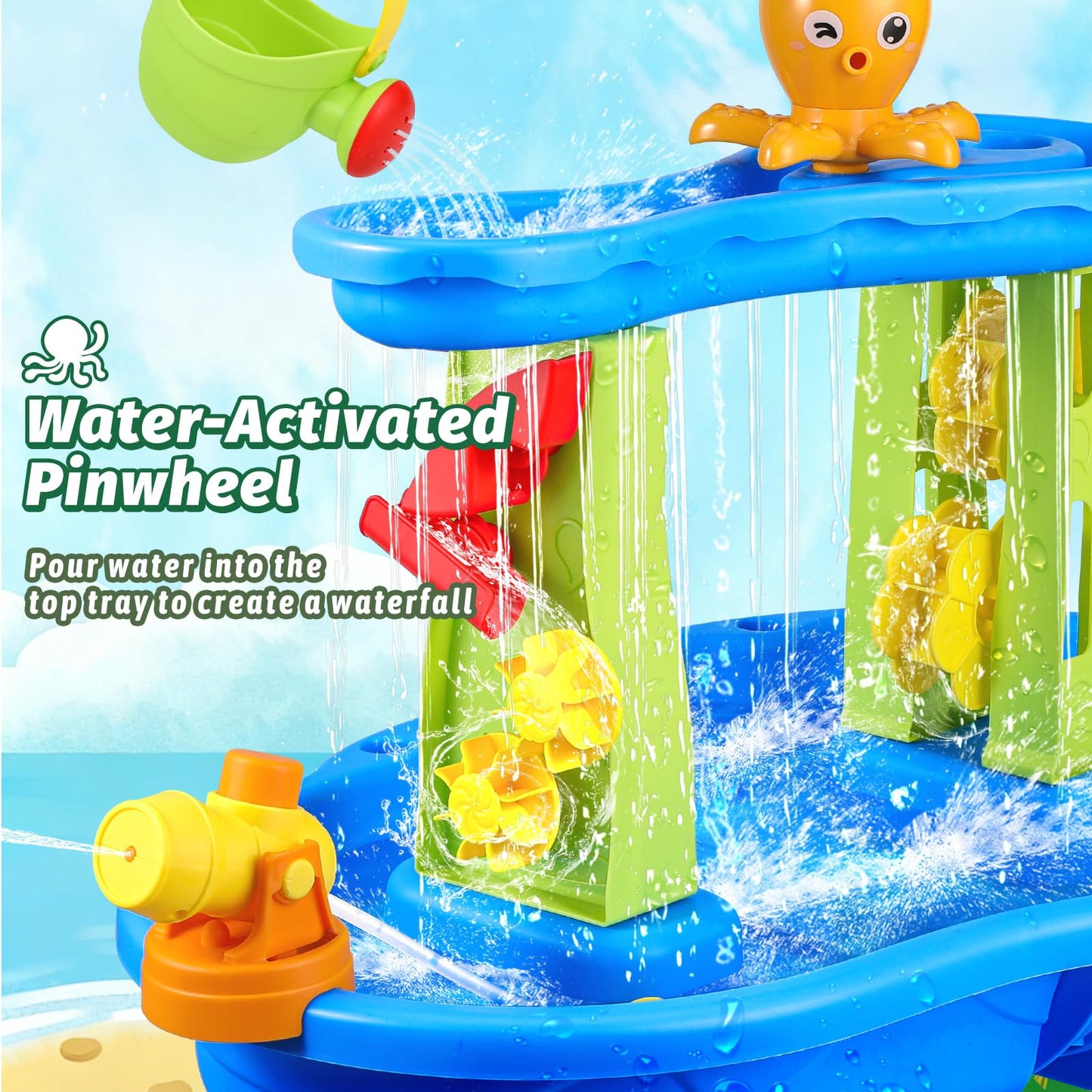 FRUSE Kids Water Table for Toddlers 3-5,3-Tier Splashing Sand Water Table Toys with Accessories,Activity Sensory Play Table for Backyard Beach Grass,Summer Outdoor Toy for Boys Girls Age 3 4 5 6 7 8
