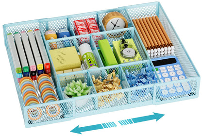 Marbrasse Expandable Desk Drawer Organizer, Mesh Drawer Organizer Tray with 10 Adjustable Compartments, Desk Organizers and Accessories for Office Supplies, Makeup & Vanity (Expandable-Blue)