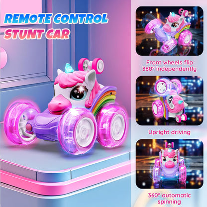 Motivekit Unicorn Remote Control Car Toys for Girl - 360° Rotating Pink RC Stunt Cars 4WD Remote Cars for Kids, 2.4GHz Toy Car with LED Lights, Birthday Gift for 3 4 5 6 7 8 9 Year Old Girl