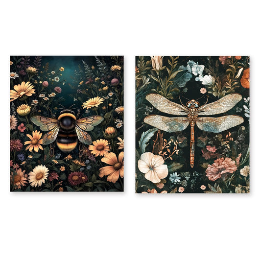 RLTXBUK 2 Pack Vintage Floral Bee Dragonfly Diamond Art Kits, Dark Cottagecore Bee Dragonfly Flower Gem Diamond Painting Art Kits for Adults Kids Beginners, Cottagecore Room Decor 9.8x11.8 Inch