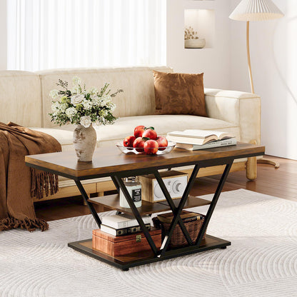Espelism Coffee Table with Storage Industrial 3 Tier Center Living Room Table Farmhouse Wooden Rectangle Cocktail Rustic Tea Table for Office Bedroom(Brown)