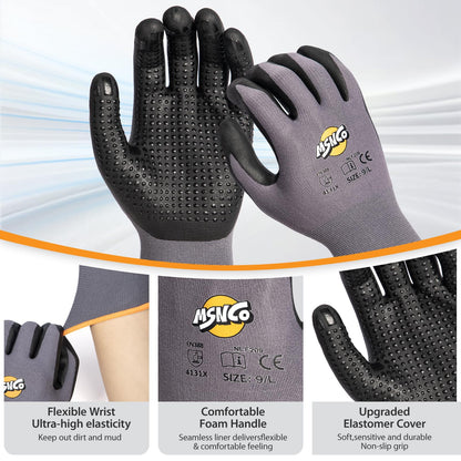 MSNCO Safety Work Gloves 6/12 Pairs Micro Foam Nitrile Coated Endurance Seamless Knit Nylon ，Wear-resistant mechanical gloves with raised dots L Bump