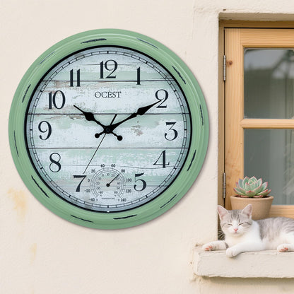 OCEST 16 Inch Indoor Outdoor Clock, Waterproof Large Wall Clock with Thermometer, Silent Non-Ticking Battery Operated Decor for Patio Pool Porch Garden Garage（Retro Green）