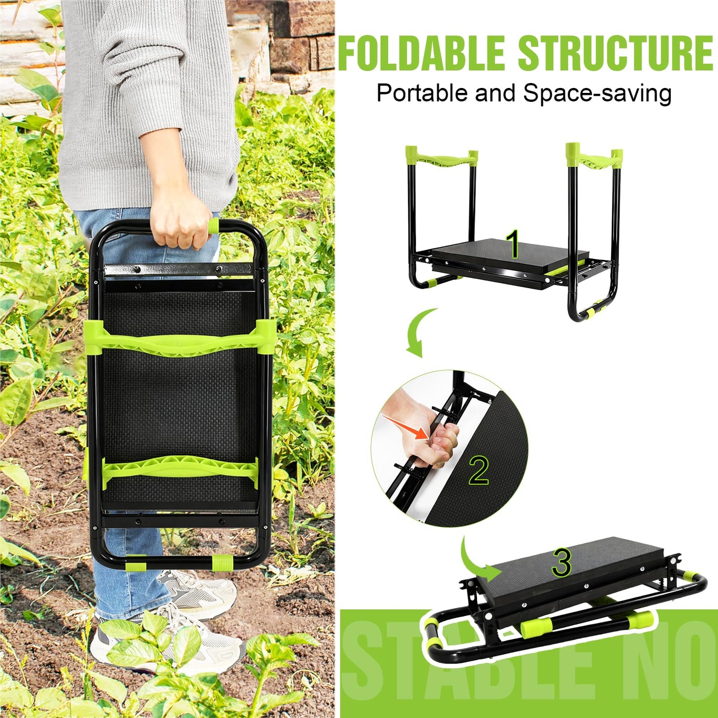 joyhalo 10.9 inch Wider Foldable Garden Kneeler and Seat Heavy Duty, Gardening Stool with Extra-Thick Kneeling Pad, Garden Bench for Kneeling and Sitting, Gardening Gifts for Women