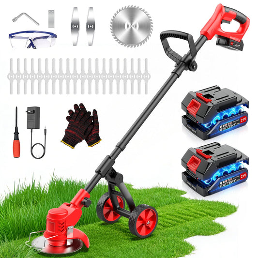 Cordless Weed Wacker with Wheels, 650W Electric Weed Trimmer, 2x2.0Ah 21V Battery Powered, 3 Types Blades Weed Eater Brush Cutter, String Trimmer Lawn Mower Edger Tool for Garden Yard