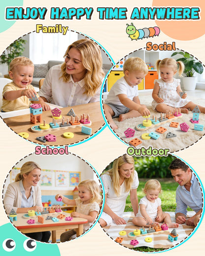 Zeewoo Montessori Toys for 1 2 3 Year Old Girl Boy Gifts Educational for 1-2 Year Old Caterpillar Wooden Shape Sorter Stacking Toys for Toddlers 2-4 Preschool Learning Toy Birthday Gift
