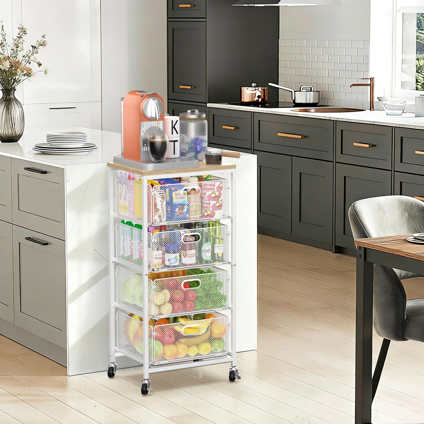 SUNALLY Rolling Kitchen Cart with Drawers, 4-Tier Utility Cart Fruit Vegetable Storage Cart with Lockable Wheels, Wooden Top Metal Kitchen Storage Organizer for Cans, Snacks, Beauty, Craft, Art, White