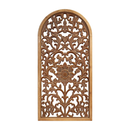 WREVERW Rustic Boho Arched Wood Wall Art, Hand-Carved Floral Panel with Distressed Brown Finish, Vintage Farmhouse Hanging Wall Sculpture for Living Room Bedroom Entryway, 15" x 31"