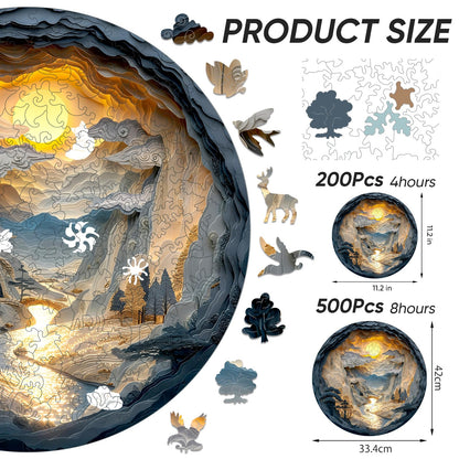 Qiuenisray 3D Vision Effect Sunset Wooden Puzzle 500 Piece, Mountains Rivers Bright Jigsaw Puzzle, FSC Certified Wood Puzzle, Beautiful Wall Decor, Creative Gift Family Game 16.5x16.5 in