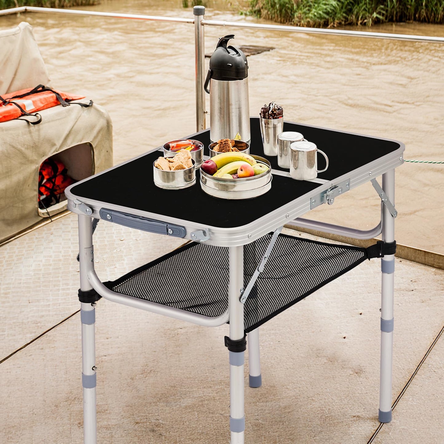 LeTinn 2ft Folding Camping Table Portable Picnic Table with 3 Adjustable Heights (10.51"/18"/27.55"), Lightweight Aluminum Outdoor Table for BBQ, Camping, Cooking, Black