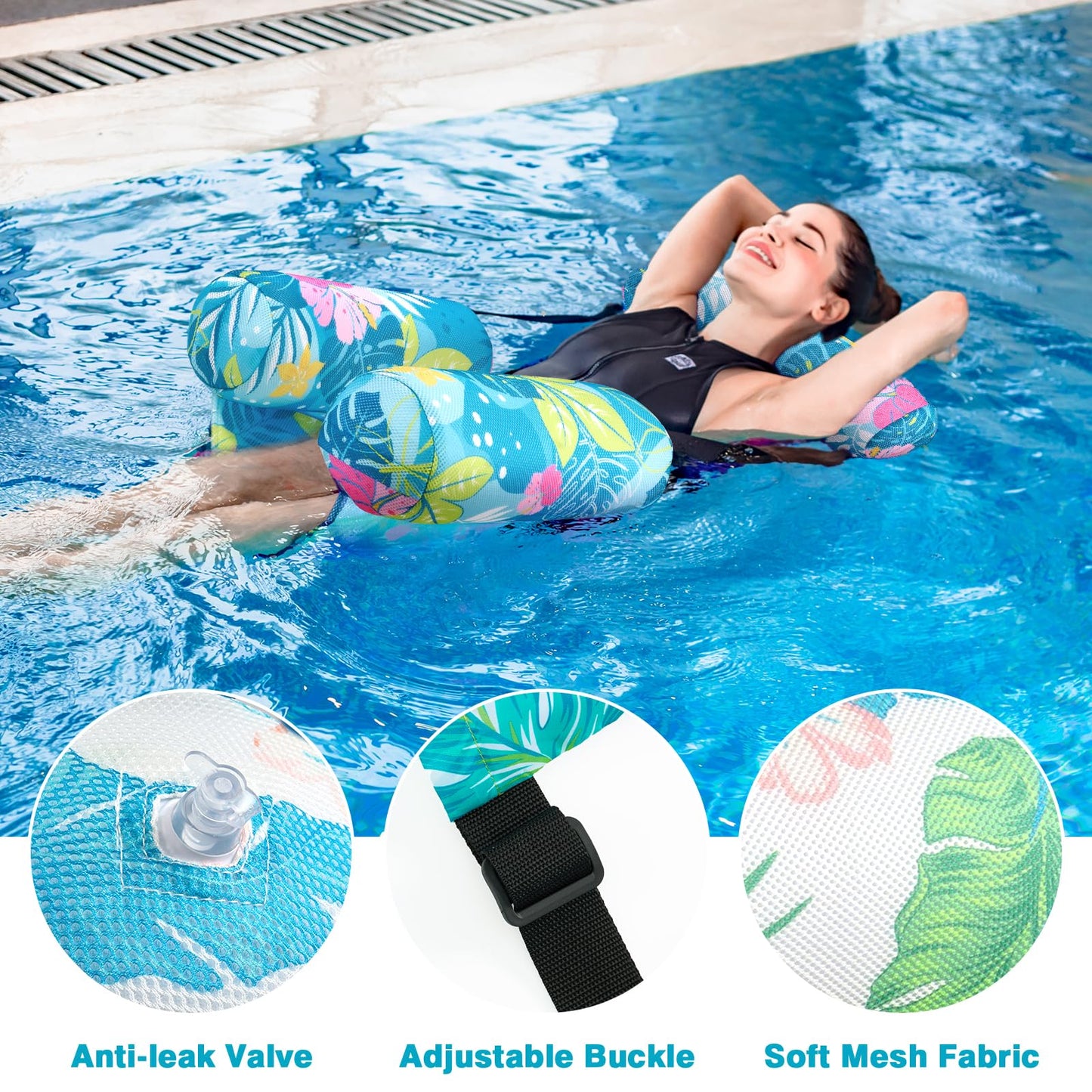 WERNNSAI Inflatable Pool Floats Adult, 2 Pack Floating Lounge Chair Hammock Adjustable, Soft Mesh Comfortable Pool Chair Float for Swimming Pool Beach Lake Summer Water Party（Green Plants）