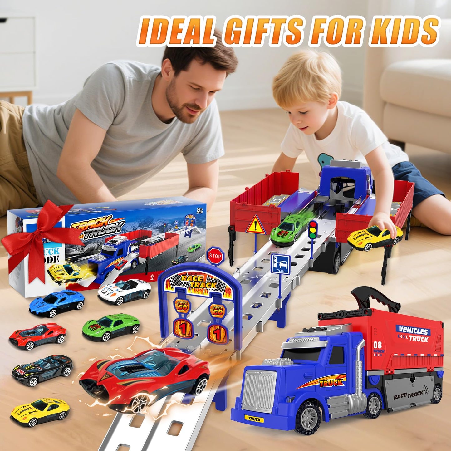 SpringFlower Carrier Truck Race Track Toys, Boy Toys for 3 4 5 6 Years Old Boys with Lights Sounds, Transporter Race Track with 6 Die-Cast Car, Vehicle Toy for Kids Birthday Gifts