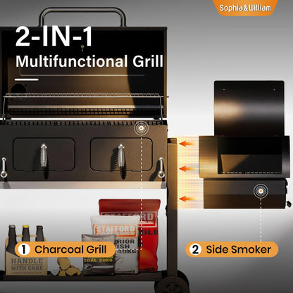 Sophia & William Extra Large BBQ Charcoal Grills and Offset Smoker,1015 SQ.IN. Cooking Area with Dual Lifting Charcoal Trays, Charcoal Barbecue Smoker Grill for Patio, Backyard Outdoor Cooking
