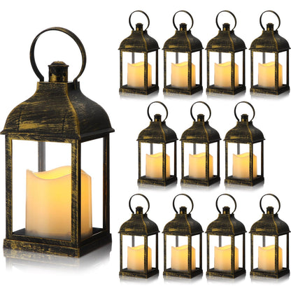 Kittmip 12 Set 10 Inch Bronze Decorative Candle Lanterns Bulk Lanterns Centerpiece with LED Flameless Candle Indoor Outdoor Battery Powered Hanging Lights for Wedding Mother Day Party Decoration