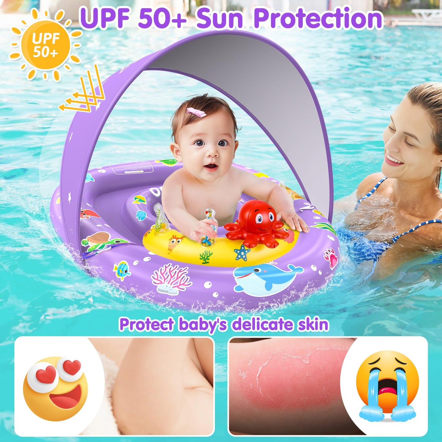 EZIGO Baby Pool Float with Canopy UPF 50+ Sun Protection, Double Air Chambers Infants Swimming Floats with Sound Toys Adjustable Safety Seat Toddler Float for Boys and Girls 6-36 Months (Purple)