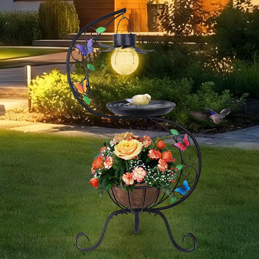 hogardeck Bird Bath for Outside with Solar Lamp, Metal Birdbaths for Outdoors with Flower Planter Pedestal, Vintage Birdbath for Garden Yard Patio Lawn Decor